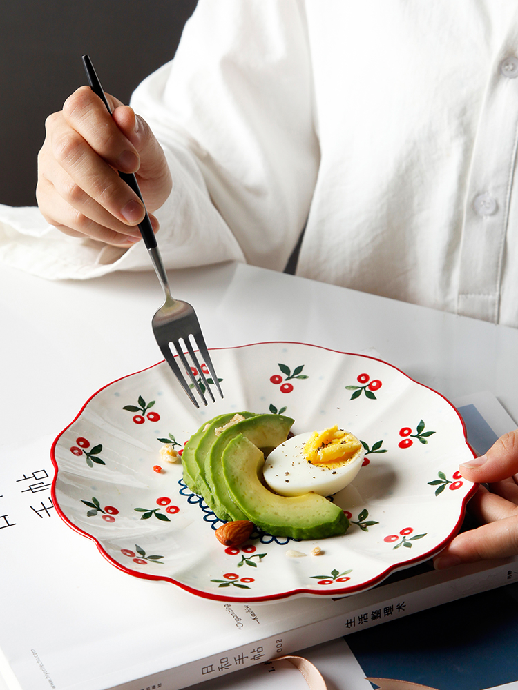Hand - made cherry 0 creative pastoral wind under the glaze the ceramic plate with lace color round lovely breakfast tray plates