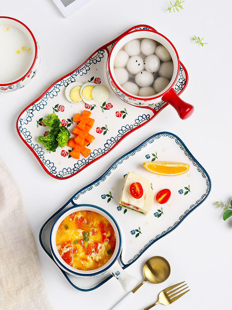 Web celebrity ins wind plate handle breakfast bowl household creative nice meal ceramic plate combination suit