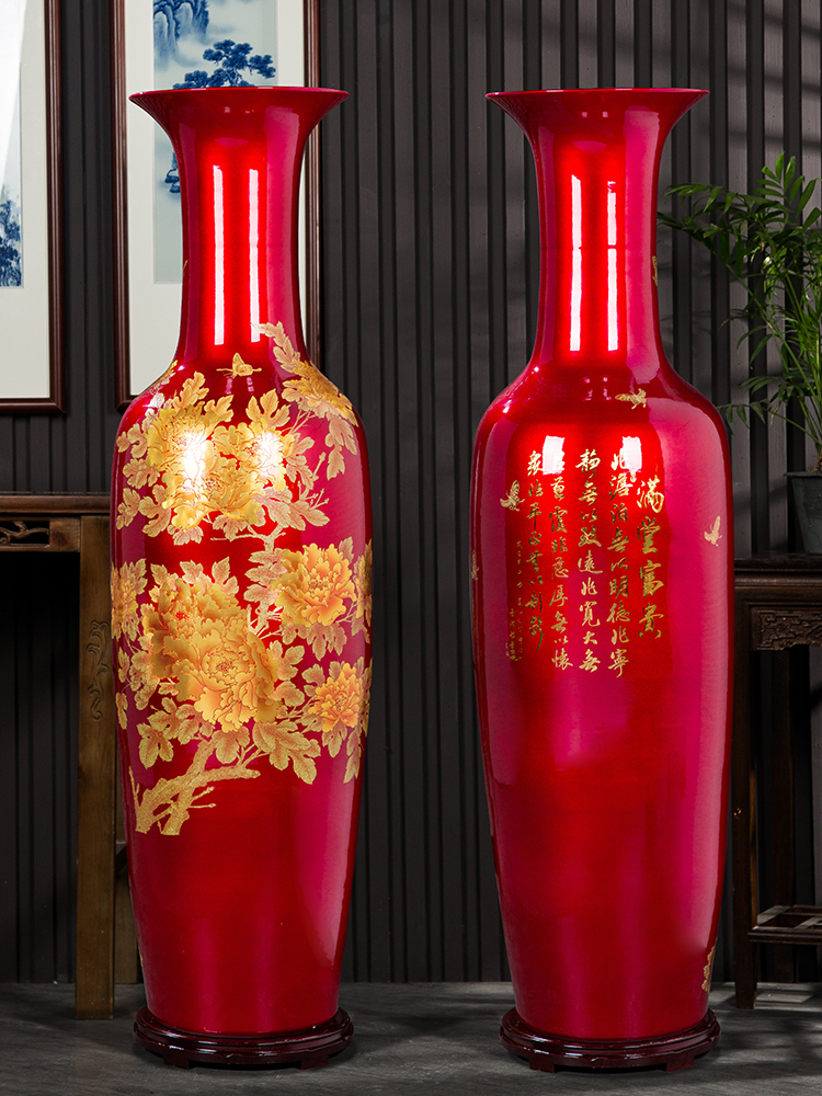 Jingdezhen ceramics high - grade red peony landing big vase continental sitting room place heavy large opening