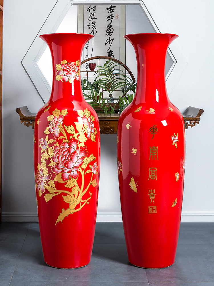 Jingdezhen ceramics big vase red blooming flowers sitting room ground adornment furnishing articles to heavy large number for the opening