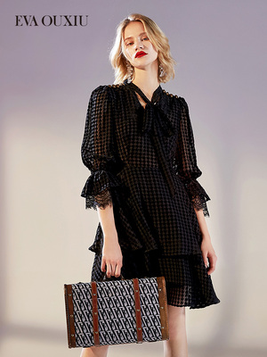 Yihua Ou Xiu 2019 mùa thu nữ mới houndstooth Pháp váy đầm nhung mỏng manh - Váy eo cao 	váy dây rút eo	 Váy eo cao