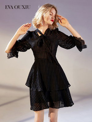 Yihua Ou Xiu 2019 mùa thu nữ mới houndstooth Pháp váy đầm nhung mỏng manh - Váy eo cao 	váy dây rút eo	 Váy eo cao