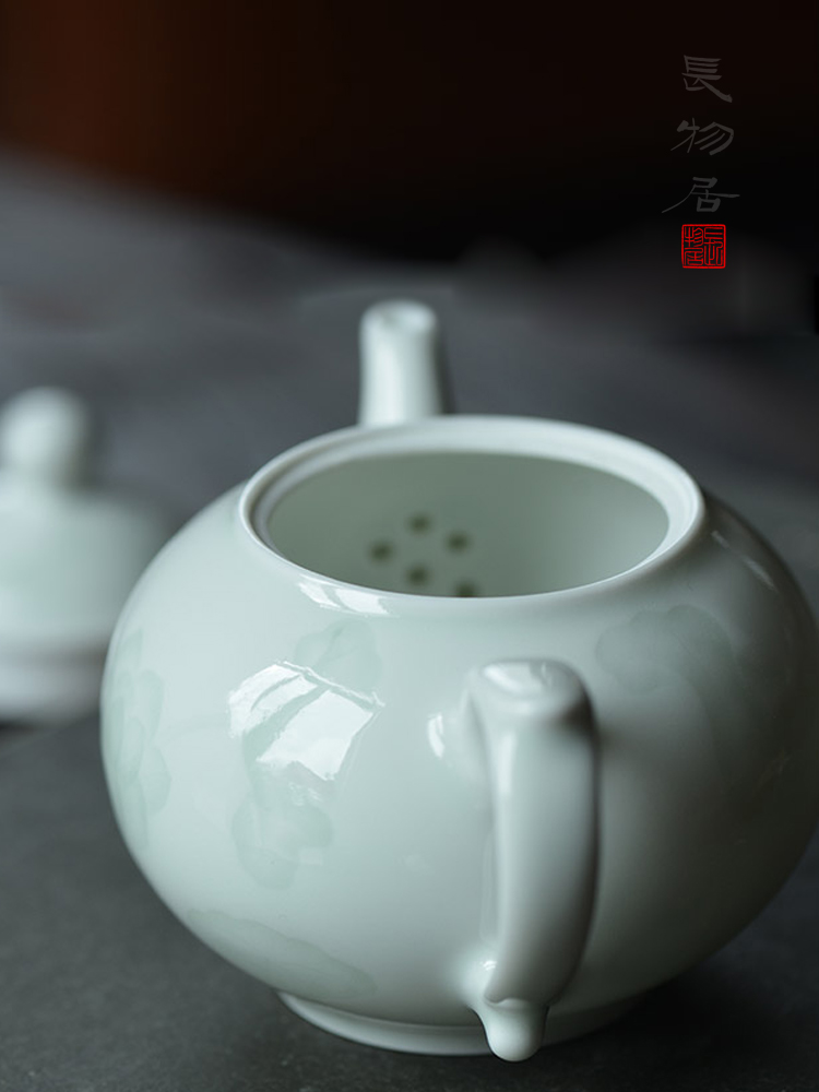 Offered home - cooked at flavour shadow blue glaze green, white porcelain teapot dark carved lotus jingdezhen manual archaize ceramic tea set