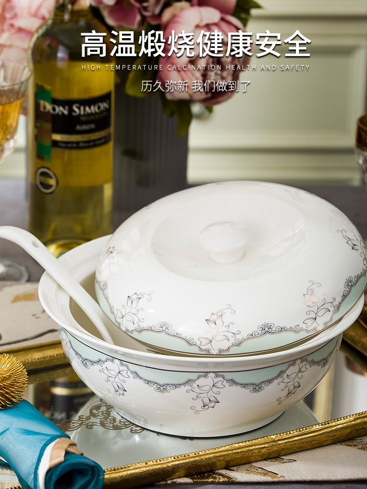 Jingdezhen ceramic with cover soup pot pot soup pot dishes set tableware circular creative large household large soup bowl