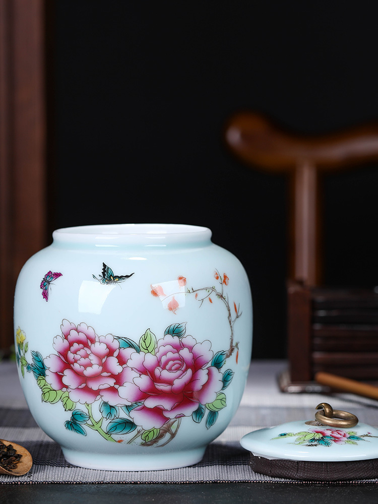 Portable ceramic pu 'er tea pot store receives the peony storage tank size tea boxes sealed as cans