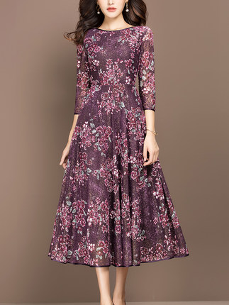 纳绎秋装女2018新款中长款七分袖紫色印花裙
