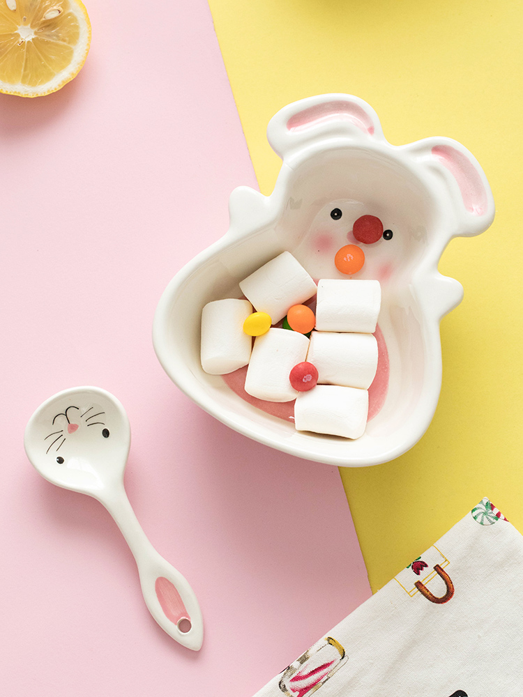 The rabbit children web celebrity suit express cartoon ceramic tableware small bowl of creative move baby bowl chopsticks home plate