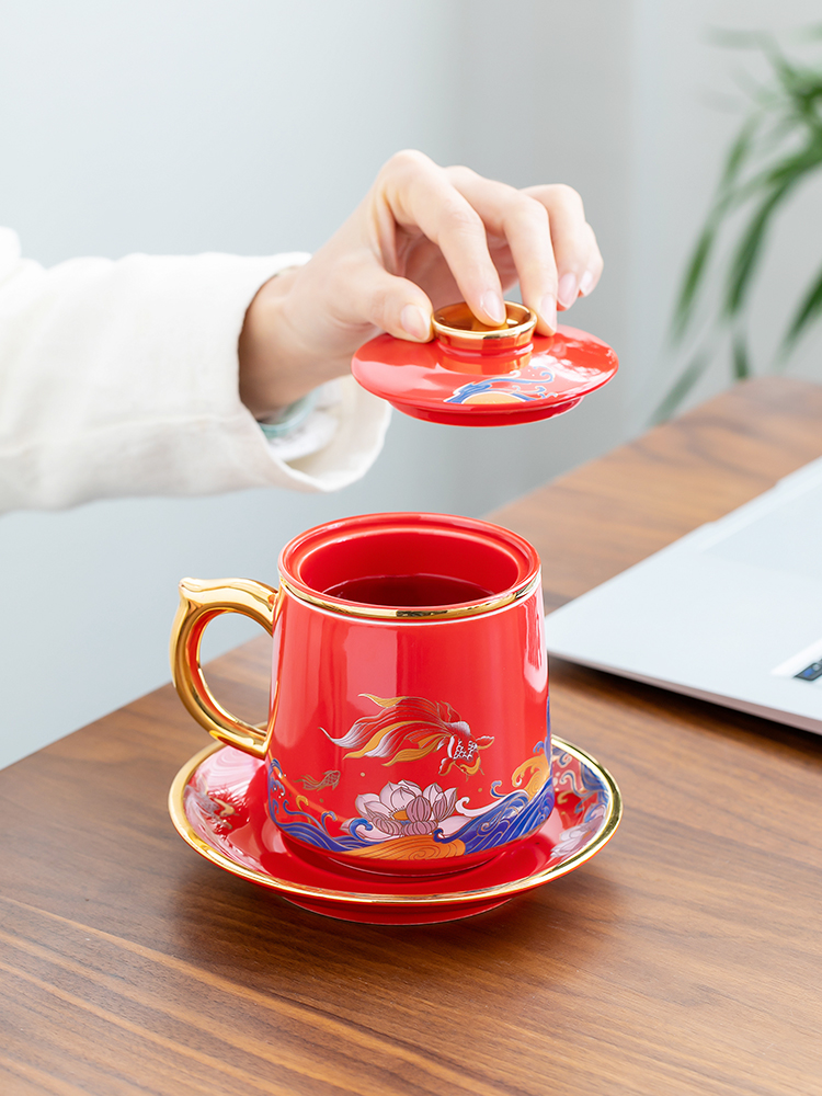 Fuels the office cup household with cover filter individual cup of jingdezhen ceramic glaze separation of tea tea cups of water
