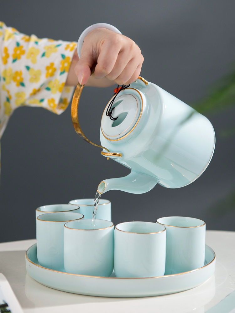 Jingdezhen ceramic tea set a visitor household contracted large celadon girder pot of tea tea tray teapot