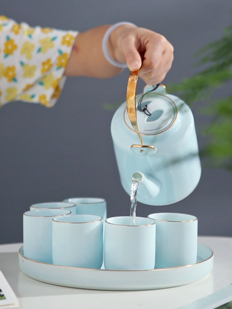 Jingdezhen ceramic tea set a visitor household contracted large celadon girder pot of tea tea tray teapot