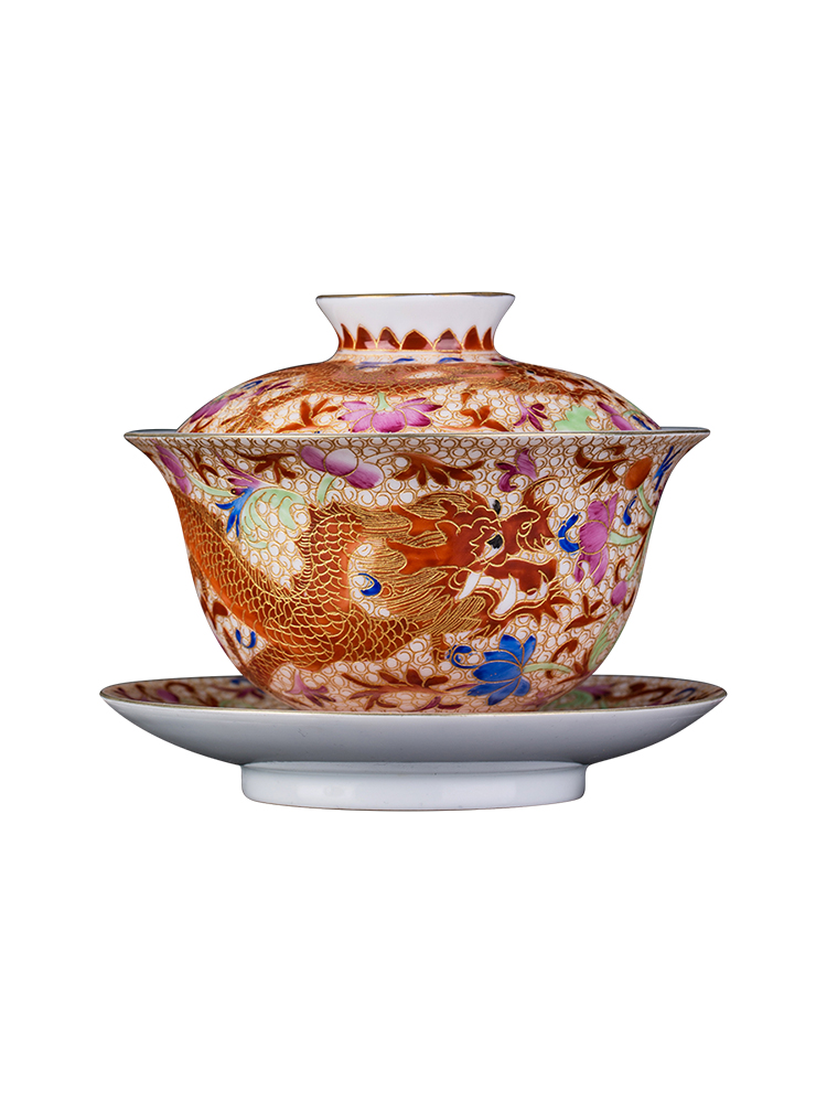 Clock at jingdezhen up tureen single wire inlay enamel see colour longfeng grain size three tureen tea bowl cups