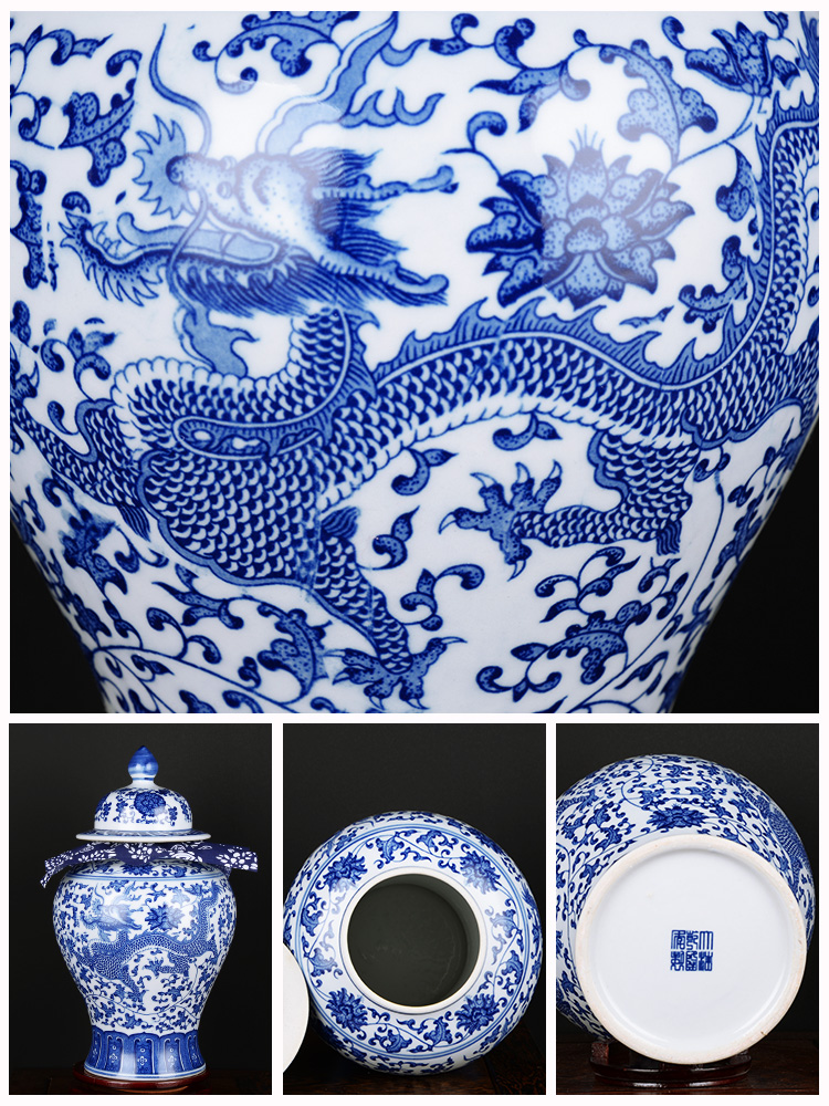 Blue and white porcelain of jingdezhen ceramics pu 'er tea jar of antique Chinese traditional medicine a large jar with cover sealing general furnishing articles
