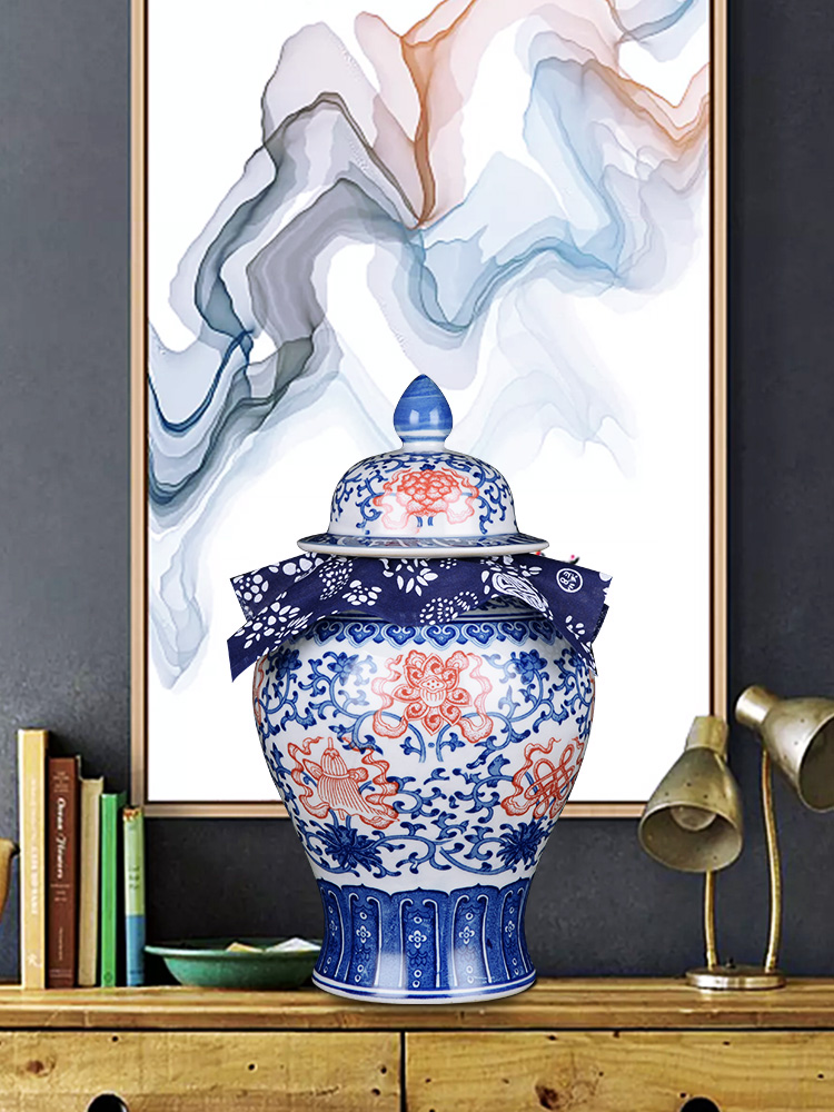 Blue and white porcelain of jingdezhen ceramics pu 'er tea jar of antique Chinese traditional medicine a large jar with cover sealing general furnishing articles
