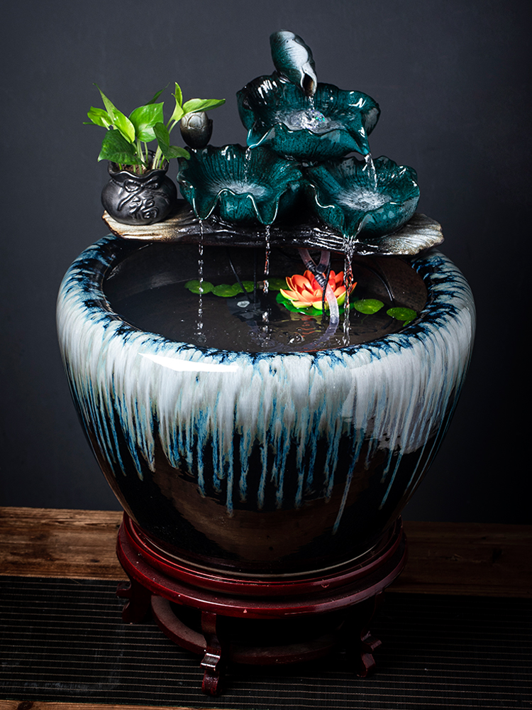 Jingdezhen ceramic tank sitting room balcony office household automatic cycle water tank water lily lotus pot cylinder