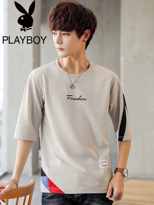 Playboy nam áo thun ngắn tay xu hướng mùa hè đầm lỏng sọc nửa tay mùa hè đáy quần áo nam - Áo phông ngắn áo thun nam cổ tròn Áo phông ngắn