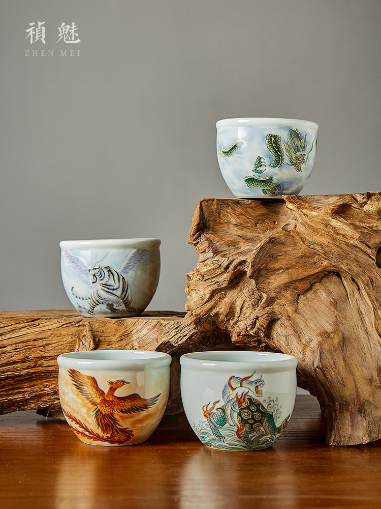 Shot incarnate the four great god beast cylinder cup of jingdezhen ceramic hand - made kung fu tea master cup single CPU individual cup by hand