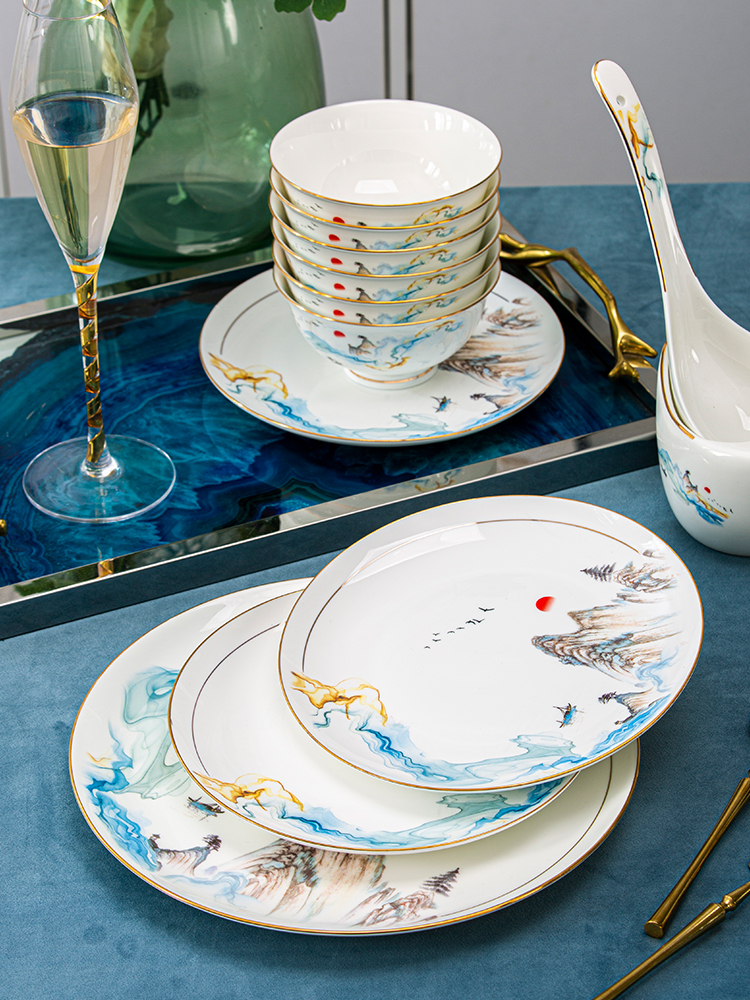 Wooden house product jingdezhen high - grade ipads China tableware dishes suit household Nordic light key-2 luxury Chinese dishes gifts