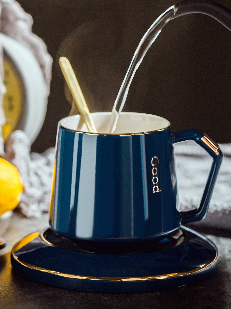 Creative ceramic coffee cups and saucers small European - style key-2 luxury mark cup with cover spoon stirring cup suits for domestic cups