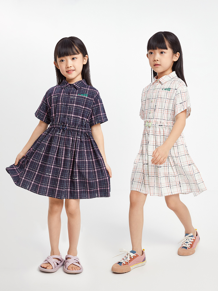 Annil 安奈儿 2022年夏季新款 中大女童纯棉格子衬衫短袖连衣裙 天猫优惠券折后￥69.9包邮（￥201.9-139）110~160码2色可选
