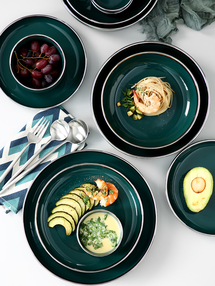 Porcelain color green jade - like stone Nordic silver edge ceramic tableware household dish dish dish soup plate western - style food dish bowl bowl rainbow such use
