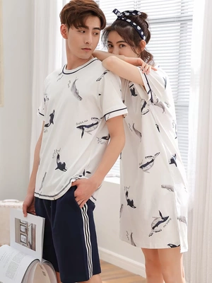 2 bộ của mùa hè các cặp vợ chồng đồ ngủ ngắn tay cotton Hàn Quốc dễ thương nightdress nữ mùa hè phục vụ nhà phù hợp với nam giới của phần mỏng đồ pijama Cặp đôi