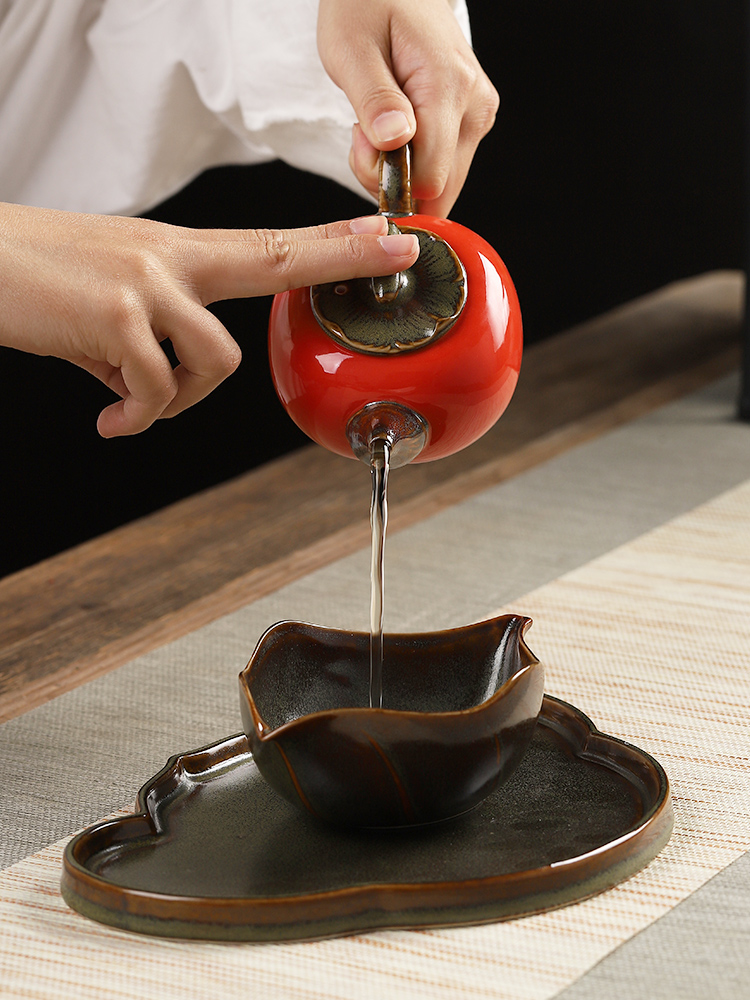 Mud seal kung fu tea set suit household contracted ceramic cups with small tea tray was creative persimmon sends the teapot