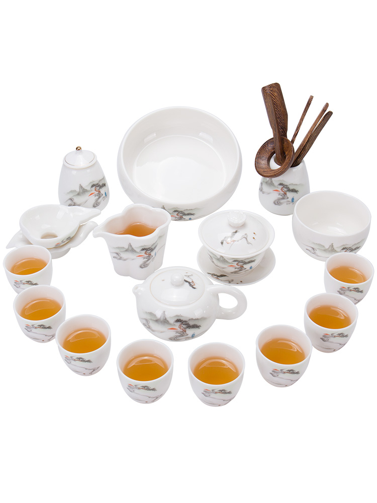 Ronkin suet jade porcelain kung fu tea set dehua white porcelain contracted teapot household gift box of a complete set of cups