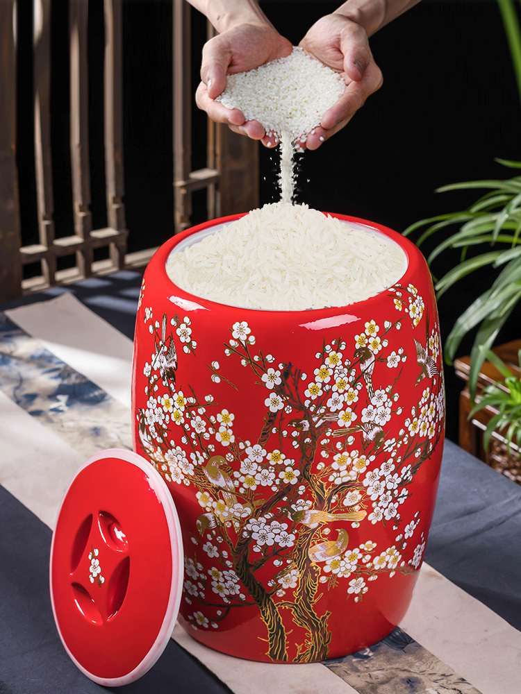 Jingdezhen ceramic barrel with cover household moistureproof insect - resistant seal storage bins 20 jins of rice storage tank 10 jins ricer box