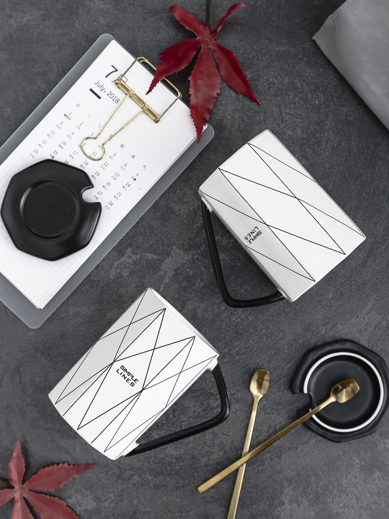 Couples ins Nordic contracted ceramic water cup individuality creative tide mark cup with cover spoon coffee cup