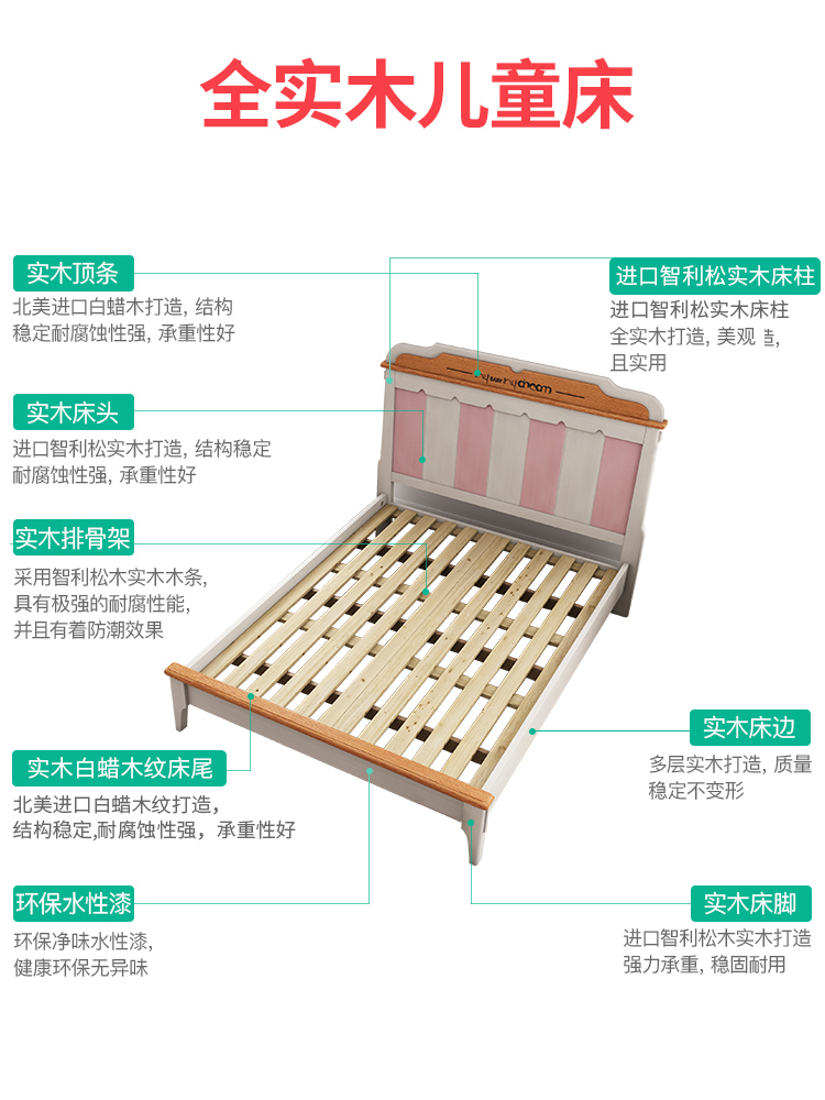 giường cô gái công chúa cô gái màu hồng nội thất phòng ngủ giường trẻ quần 1.2m Tất cả trẻ em giường gỗ rắn của