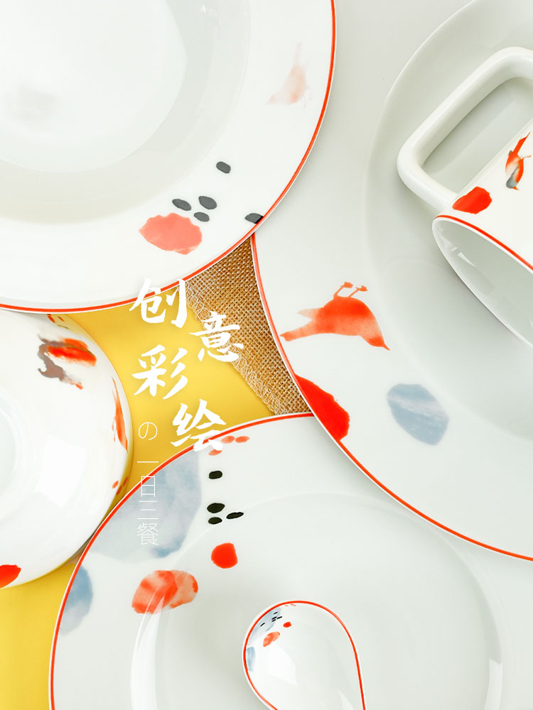 Contracted made red bowl dishes suit household net plate combination of jingdezhen ceramic tableware design gifts