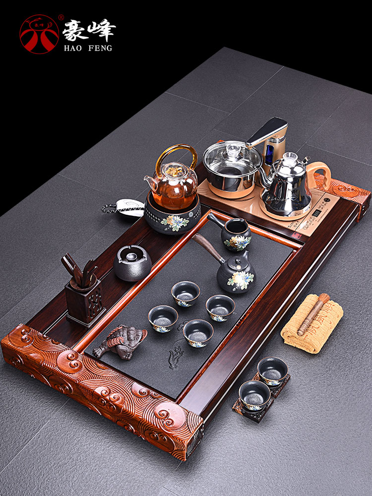 HaoFeng purple sand tea set home four unity automatically ebony tea tray was kung fu tea tea tea