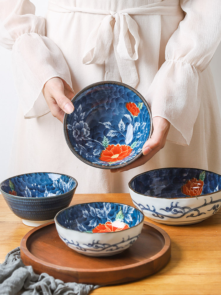 Jin red peony bowl plates imported from Japan Japanese rice bowls rainbow such as bowl bowl and ceramic tableware dishes dishes