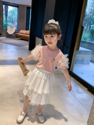 Cô gái Puff Sleeve Ngắn tay 2020 Mùa hè Mới Trung bình và Lớn Áo phông thời trang cho trẻ em Phong cách phương Tây Áo phông thêu ren - Áo thun