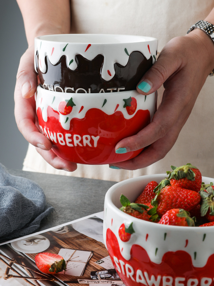 Selley, lovely ceramic strawberry household fruit salad bowl of oatmeal for breakfast bowl noodles bowl bowl eat a single