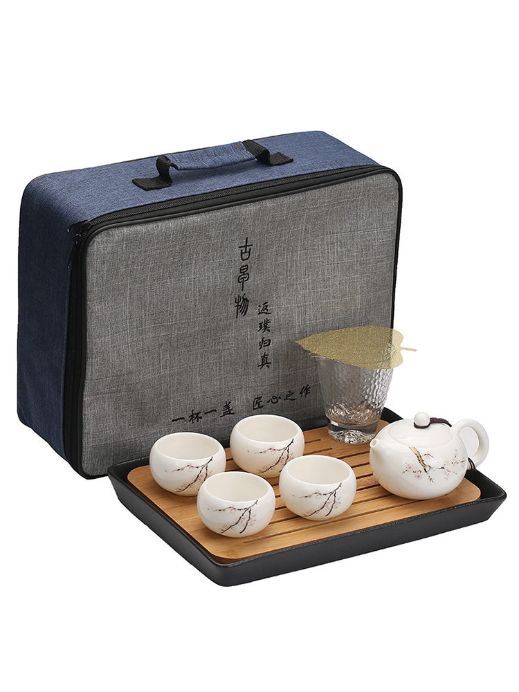 Suet jade white porcelain portable travel tea set is suing office kung fu tea set suit household glass ceramic teapot tea tray