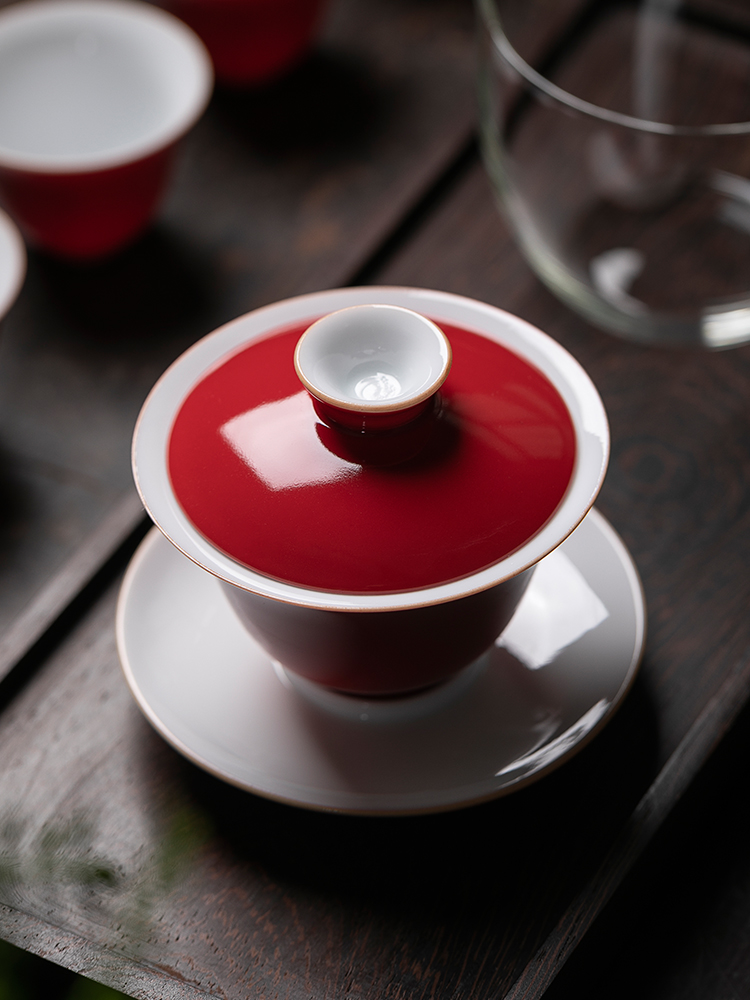 Jiangnan kung fu tea set three to tureen tea cups past a single household ji red glaze large - sized ceramic tea bowl