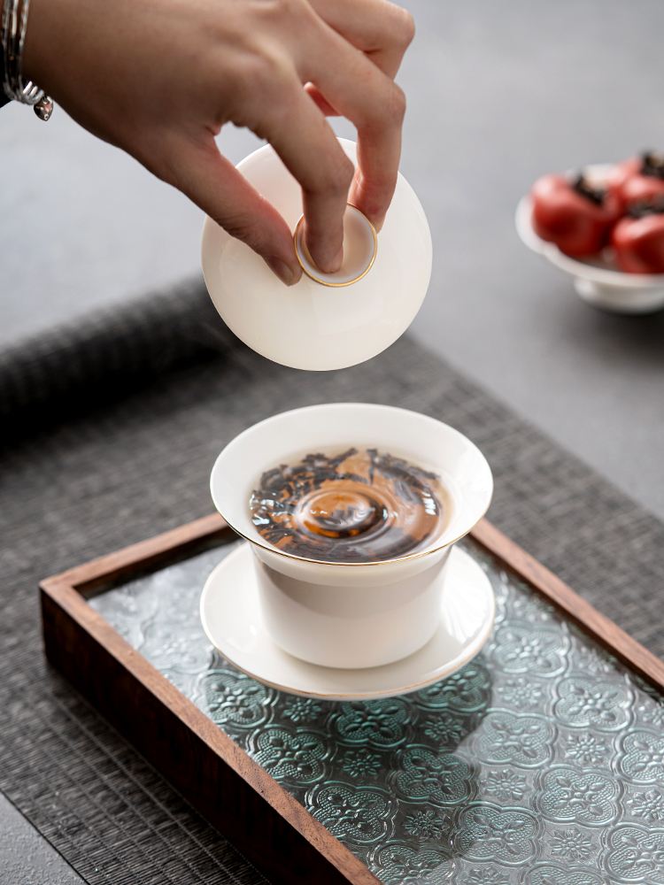 The Self - "appropriate content three to dehua white porcelain bowl tureen cup single contracted jade porcelain GaiWanCha kung fu tea set