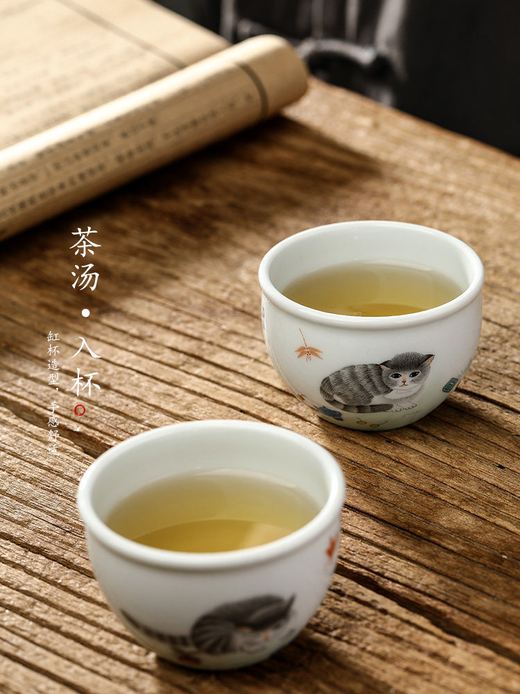 Jingdezhen tea master kung fu tea cup single cup of pure manual hand - made the cat ceramic bowl sample tea cup only