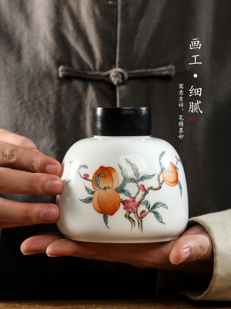 Jingdezhen pure manual white porcelain tea pot hand - made peach ceramic seal pot home tea tea storage tanks