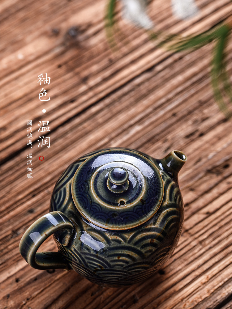 Kombucha tea teapot jingdezhen ceramic all hand carved auspicious cloud color glaze ball hole, single pot of Chinese tea set