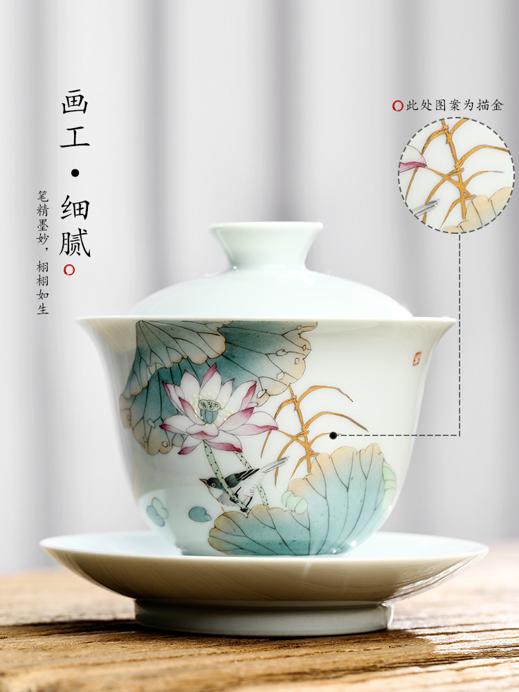 Jingdezhen only three tureen prevent hot large tea pure manual white porcelain bird kunfu tea bowl hand - made lotus tea