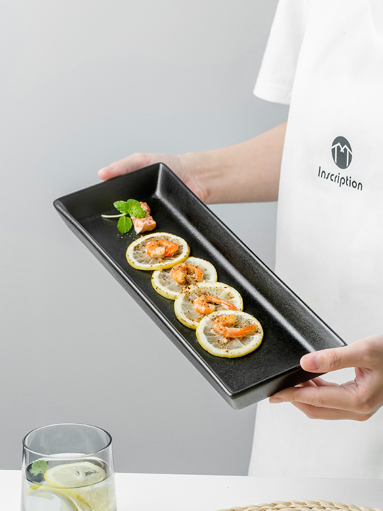 Japanese cuisine disc rectangular simple black and white ceramic grinding sushi plate rectangular beef hot pot snack plate