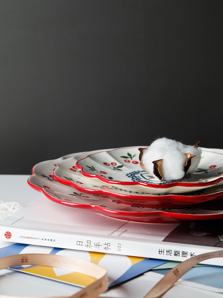 Hand - made cherry 0 creative pastoral wind under the glaze the ceramic plate with lace color round lovely breakfast tray plates