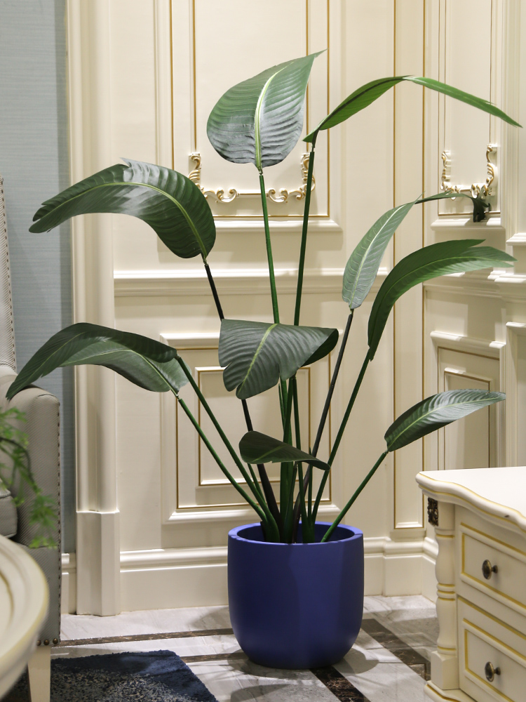 Nordic I and contracted large diameter blue ceramic flowerpot landing indoor living room hotel big green plant flower arranging simulation