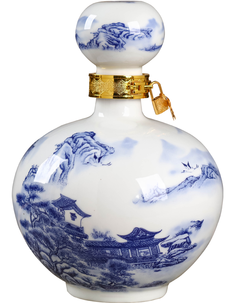 Jingdezhen ceramic bottle 5 jins of liquor in the empty bottles of blue and white porcelain decoration bulk hip household sealed jars