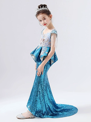 Trẻ em ăn mặc đuôi váy mô hình sàn catwalk thời trang buổi tối chủ nhà nước ngoài đuôi cá tiệc piano biểu diễn quần áo - Váy trẻ em