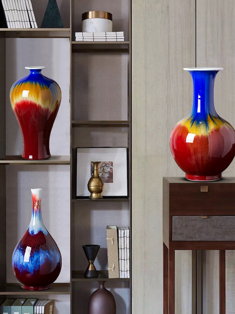 Jingdezhen ceramics ruby red glaze vase Chinese flower arranging large sitting room TV cabinet decoration accessories furnishing articles