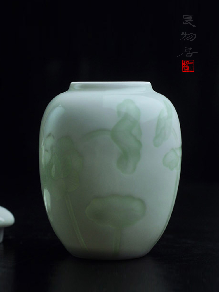 Offered home - cooked shadow in dark blue glaze green, white porcelain tea caddy fixings storehouse carved lotus pond of jingdezhen ceramic tea set manually