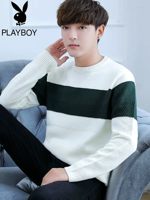 Playboy 2018 áo len mới nam cổ tròn áo len mỏng sọc mùa đông Hàn Quốc Slim đáy áo áo bomber Hàng dệt kim